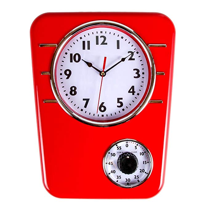 Retro Kitchen Clock with Timer. by Lily's Home (Red)