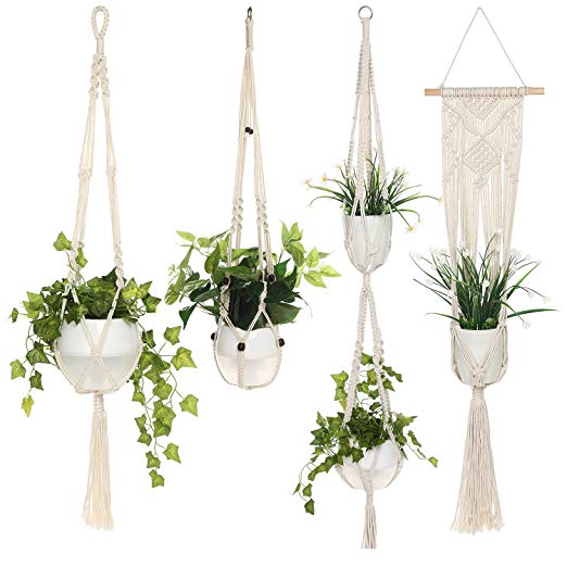 Akarden Hanging Planter, 4 Pack Indoor/Outdoor Plant Hanger, Handmake Cotton Rope Flower Pots Holder, Modern Boho Decor