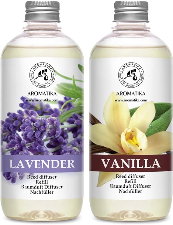 Reed Diffuser Refill Set Vanilla & Lavender with Lavender Essential Oil 1L - 2x500ml - Fragrance Oil Reed Diffuser Refill - Diffuser Refill Set with Floral Fragrance - Room Freshener
