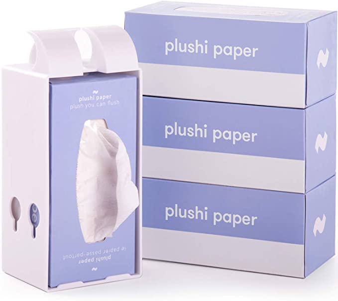 Advanced Toilet Paper Holder Free Standing/Wall Mounted Self Adhesive, Pull Roll Free 4 Ply Bathroom Sheets /Facial Wipes From A Tissue Box Holder , Plushi Paper Set incl. 4 Boxes = 320 Wipes