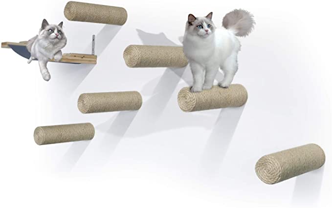 LAZZO Wall Mounted Cat Shelves Set, Sisal Cat Scratching Post Steps (6pcs) with Cat Hammock (1pcs), Float Perch Pet Bed Furniture Shelf Set for Climbing&Playing&Lounging