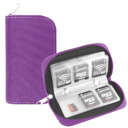 Memory Card Case WOVTE Portable 8 Pages and 22 Slots SD SDHC MMC CF Micro SD Memory Camera Card Case Holder Pouch Zippered Storage Bag Purple