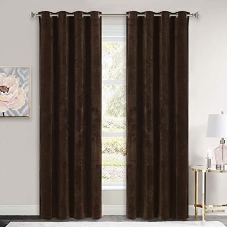 NICETOWN Brown Velvet Textured Curtain Panels, Classic Velvet Woven Home Decor Grommet Top Drapes for Kid's Room (1 Pair, W52xL84 inches)