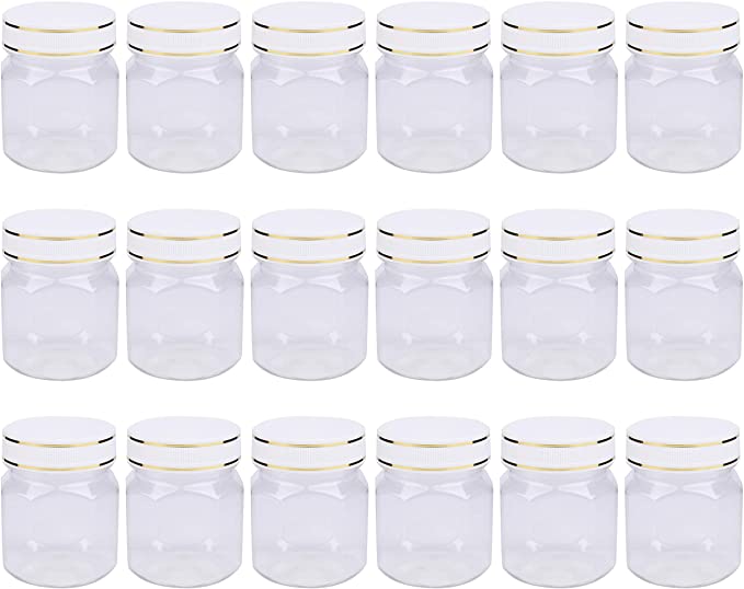 Fasmov 18 Pack 6 oz Clear PET Plastic Empty Storage Containers Plastic Jars with white Lids