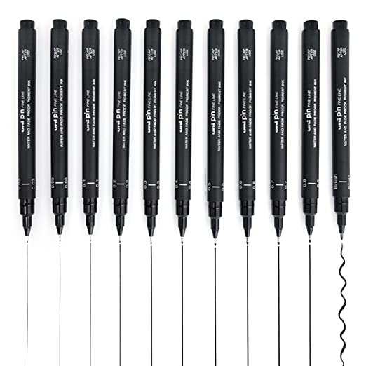 Uni Pin Fineliner Drawing Pen - Complete Set of 11 Grades - Black Ink