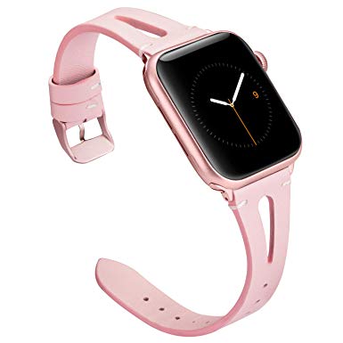 Wearlizer Womens Pink Leather Compatible with Apple Watch Bands 38mm 40mm iWatch Special Triangle Hole Strap Wristband Sport Replacement Dress Bracelet (Metal Rose Gold Buckle) Series 4 3 2 1 Edition