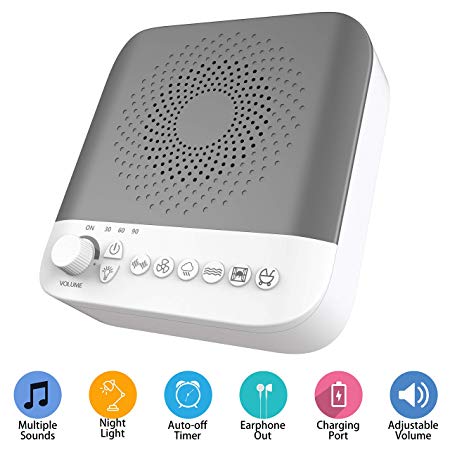 White Noise Sound Machine with 17 Nature Sounds, 7 Gears Adjustable LED Night Light, USB Output Charger, Adjustable Volume, Headphone Jack and Auto-Off Timer (Grey)