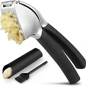 Zulay Garlic Press Stainless Steel - Garlic Mincer Tool - Garlic Crusher Stainless Steel - Garlic Press Mincer Rust Proof, with Soft Ergonomic Handle, Easy Clean Set with Peeler and Brush