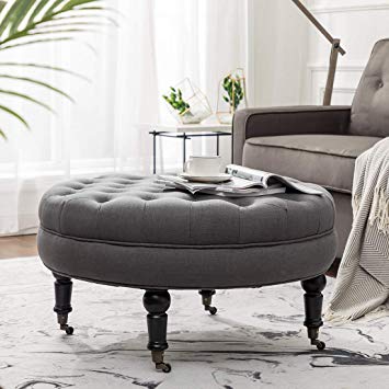 Simhoo Large Round Tufted Lined Ottoman Coffee Table with Casters,Grey Upholstery Button Footstool Cocktail with Wheels for Living Room