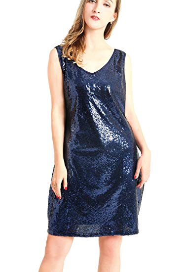 MS STYLE Women’s Plus Size Sexy Deep V Neck Sequin Glitter Bodycon Dress Sleeveless Stretchy Mini Party Dress