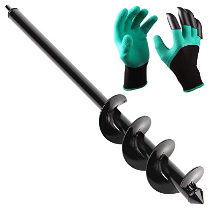 Blika Auger Drill Bit, Garden Plant Flower Bulb Auger 3" x 24" Rapid Planter with Garden Genie Gloves, Post or Umbrella Hole Digger for 3/8” Hex Drive Drill