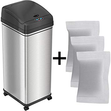 iTouchless 13 Gallon Glide Sensor Trash Can with Wheels and 3 Filters, Odor Control System, Automatic Kitchen and Office Garbage Bin, Stainless Steel