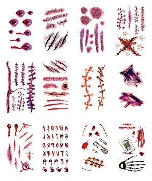 Fake Wounds Temporary Tattoo Scar Stickers for Halloween Party Zombies Cosplay, 24 Sheets