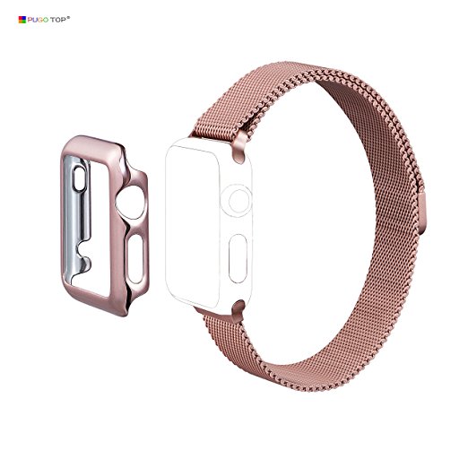 Apple Watch Band, PUGO TOP Magnetic Lock Milanese Loop Band Strap W/ Protective Bumper Case for Apple Watch Series 1 (2015) 38mm, Rose Gold