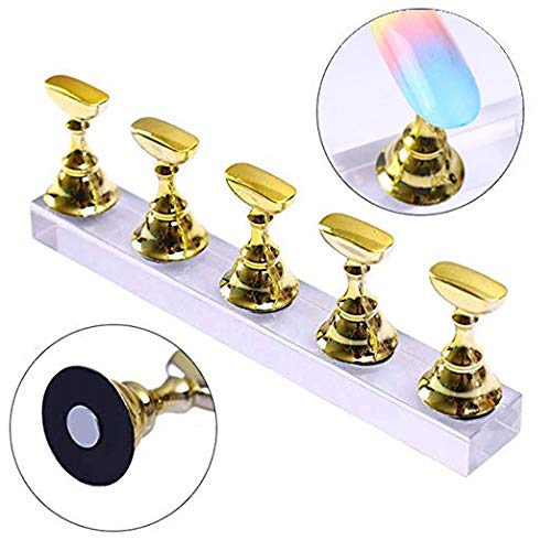Silvermoon City Nail Tips Practice Display Stand Magnetic Nail Holder Acrylic Base Professional Nail Art DIY Tools for Art Salon DIY and Training Finger Practice Manicure (Gold)