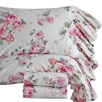 Queen's House French Country Ruffled Bed Sheets and Pillowcases 4-Piece King Set-Style E