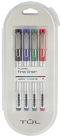 TUL Fine Liner Porous-Point Pens, Ultra-Fine, 0.4 mm, Silver Barrel, Assorted Ink Colors, Pack of 4 Pens