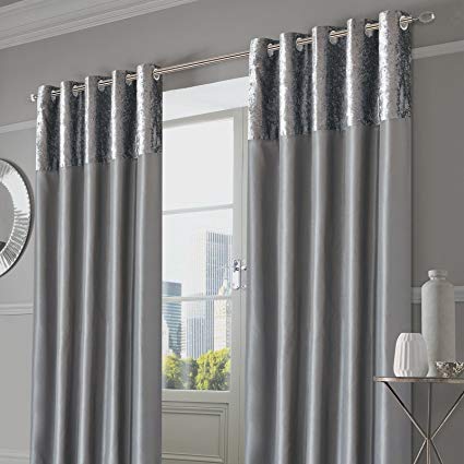 Sienna Pair of Crushed Velvet Band Curtains Fully Lined Eyelet Ring Top Faux Silk Window Treatment Panels-Manhattan Silver Grey, Width x Drop 90", Wide