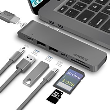 Anbes USB C Hub Aluminum Type-C Hub Adapter for 2016/2017 MacBook Pro for 13” and 15” with Thunderbolt 3/USB-C Port, 4K HDMI, Micro SD/ SD Card Reader, 2xUSB 3.0 Type-A Ports (Space Gray)