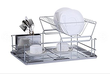 FurnitureXtra Stainless Steel Dish Drainer with Drip Tray and Cutlery Holder (2 Tier Steel)