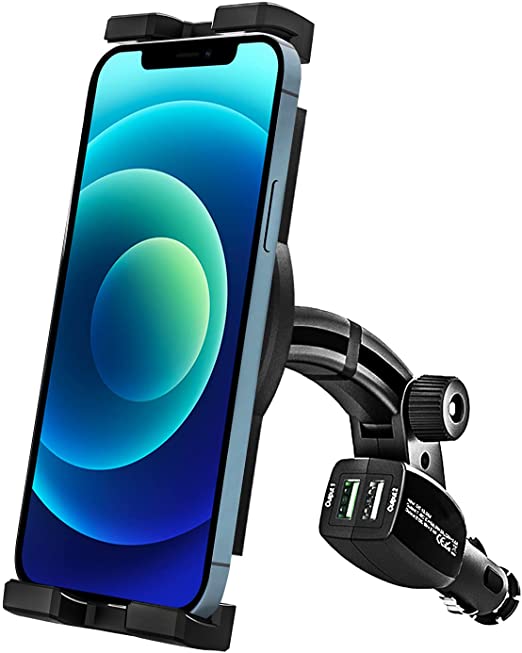 Cigarette Lighter Car Phone Mount, woleyi Fast Charging Cig Lighter Tablet & Phone Holder with Dual USB Charger for iPhone 12 Pro Max 11 XS XR X 8 7 6 Plus, iPad, Samsung Galaxy, More 4-11" Devices