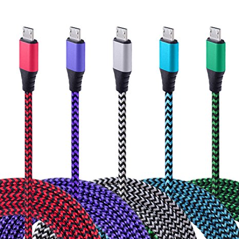 Charger for Samsung Galaxy, Kakaly 5 Pack 6Ft Long Braided Nylon High Speed Fast Micro USB Quick Charging Cord for Samsung Galaxy S7 Edge S6, Grand Prime, Note 4 5, A7 A9, Tab Pro S2 A, More