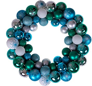 Christmas Ornament Wreath by Clever Creations | Blue, Green, White & Silver | Festive Holiday Décor | Modern Theme | Lightweight Shatter Resistant | Indoor/Outdoor Various Use | 13.5” x 13.5” x 2.75”