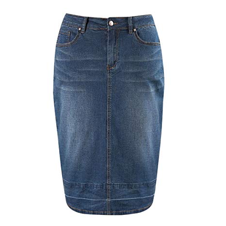 MSSHE Women's Plus Size High Waist Stretchy Pencil Denim Midi Skirt
