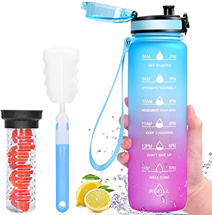 Favofit Water Bottle with Time Markings, Premium 1 Litre Sports Water Bottle with Fruit Infuser for Boys Girls Men & Women, Reusable & BPA Free, 1 Click Open, with Cleaning Brush