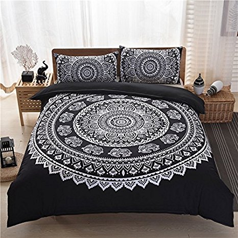 Magichome 3 Piece Duvet Cover and Pillow Shams Bedding Sets, Bohemian Mandala Style （ King Size ,Black ）