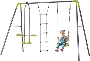 HOMCOM 3 in 1 Kids Swing Set, Double Face to Face Swing Chair & Glider Set, Climbing Ladder A-Frame Outdoor Heavy Duty Metal Swing Set for Backyard Playground