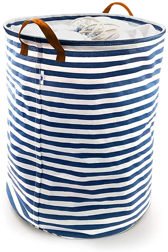 SUPINEFOX US Large Collapsible Laundry Basket, Drawstring Waterproof Dirty Clothes Laundry Hamper,Foldable Linen Bin Storage Organizer with Handles for Kids Room,Toy Storage (19", Blue Strips)