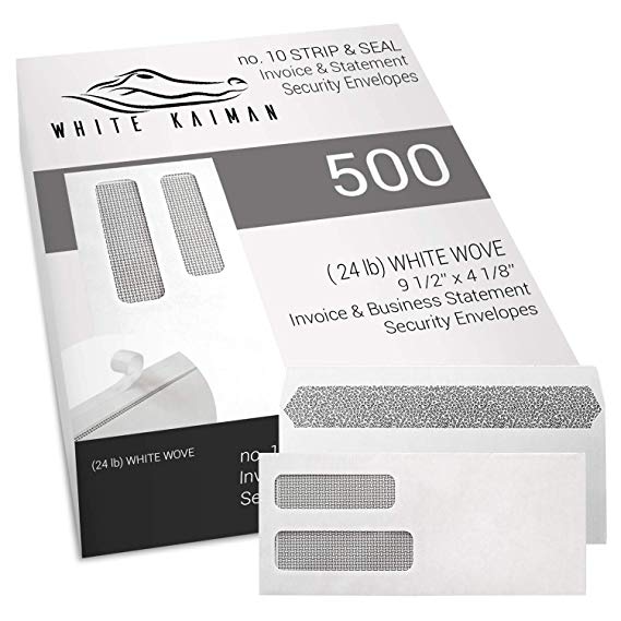 White KaimanⓇ 500 ct #10 Peel & Seal Double Window Security Envelopes - Designed for Business Invoices and Statements - 9 1/2" x 4 1/8"