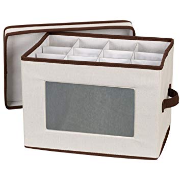 Household Essentials 544 Stemware Storage Box with Lid and Handles | Champagne Glasses | Natural Canvas with Brown Trim