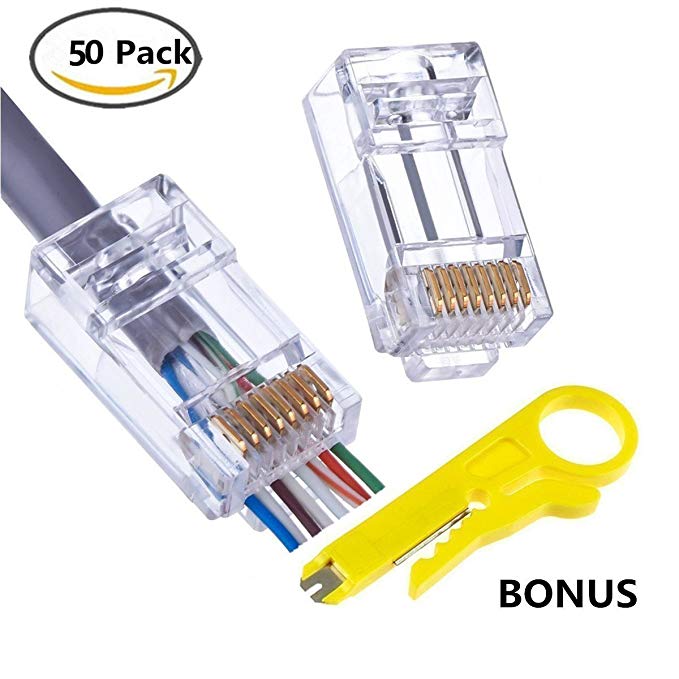 CAT6 Connector - End pass through Ethernet 8P8C modular plug 50 Pack - Bonus Wire Stripper