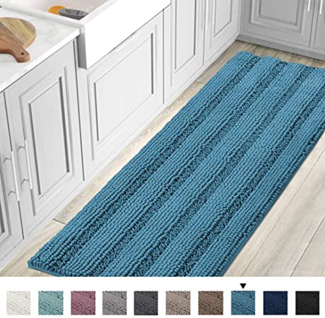 Striped Luxury Chenille Bathroom Rug Mat Runner Oversized 59x20 Inch Extra Soft and Absorbent Shaggy Rugs Dry Extra Long Plush Carpet for Bathroom/Kitchen Machine Washable, Turquoise Blue