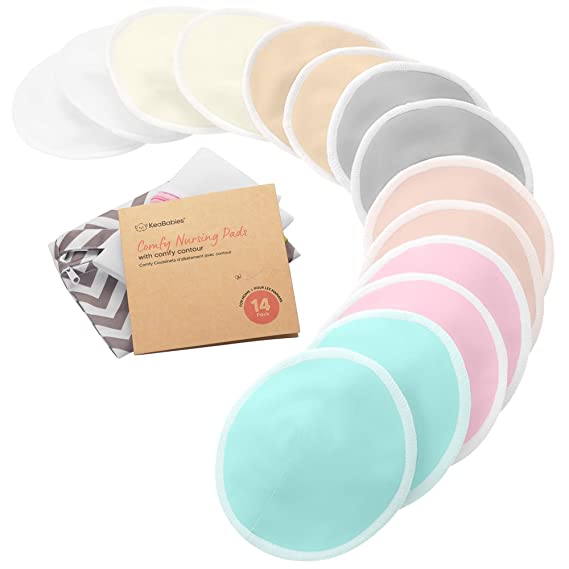 KeaBabies Nursing Breast Pads - 14 Washable Pads   Wash Bag - Breastfeeding Nipple Pad for Maternity - Reusable Nipplecovers for Breast Feeding (Pastel Touch, Large 4.8")
