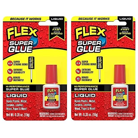 Flex Super Glue Liquid, 10 Gram Brush-On Bottle, 2-Pack, Clear, Instant Bond, Quick Dry, Cyanoacrylate Adhesive, Precision Brush for Wood, Metal, Plastic, Crafts, Ceramic, and Toy Repairs