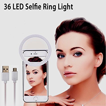 iPstyle Selfie Light Portable 36pcs LED Selfie Ring Light 3 Brightness Levels Supplementary Lighting Night Darkness Selfie Enhancing Photography for All Smartphone Phone (USB Charger - White)