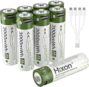 Hixon 1.5V USB Rechargeable Lithium Batteries AA Size,3000mWh Double AA Rechargeable Battery,Charges 1.5 Hours, Over 1000 Cycles, 4-in-1 USB-A to USB-C Charging Cable, LED Charge Indicator, 8-Pack