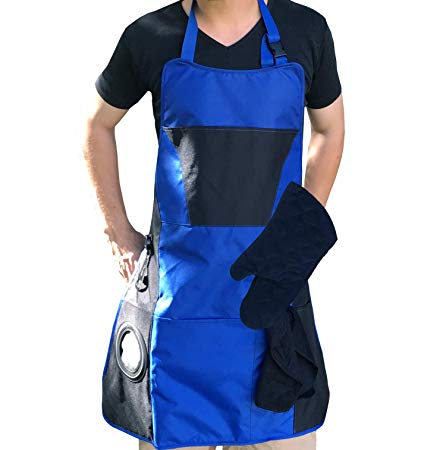 Lifestyle Banquet Grilling BBQ Apron for Men with Beer Holder, Bottle Opener, Pockets, Mitt and Towel. Blue, 24 by 32 with 34 Inch Straps