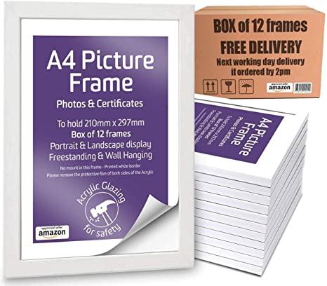 Box of 12 White A4 Photo Frames, Picture Frames, Certificate Frames, Freestanding and Wall Mountable