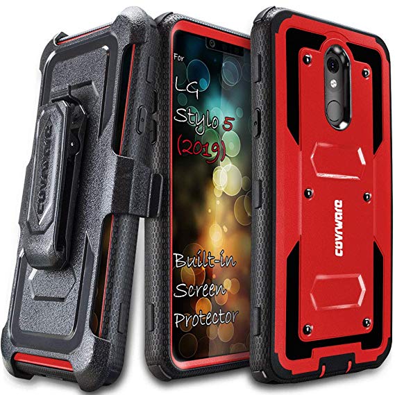 COVRWARE LG Stylo 5 / Stylo 5  Plus (2019) Case, [Aegis Series ] with Built-in [Screen Protector] Heavy Duty Full-Body Rugged Holster Armor Case [Belt Swivel Clip][Kickstand], Red