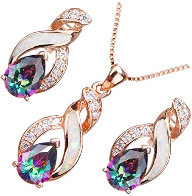 Hermosa Opal Jewelry Set Women Pendant Necklace Stud Earrings Sapphire Rainbow Mystic Topaz with 18" Chain