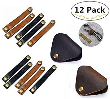 Leather Cable Organizer, Magnolora 12 Pack Snap Button Cord Keeper Desktop Cable Wire Management Headphone Earphone Wrap Winder with Genuine Leather Handmade