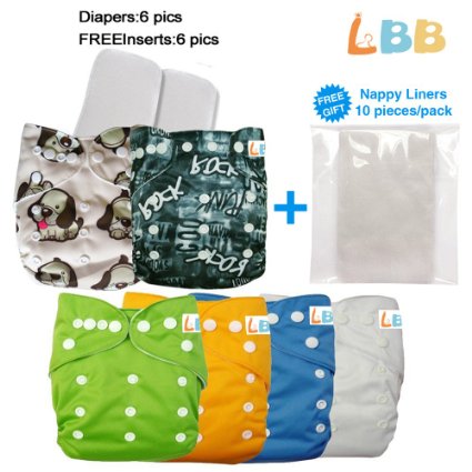 Baby Reusable Boy Pocket Cloth Diapers, 6 pcs   6 Inserts