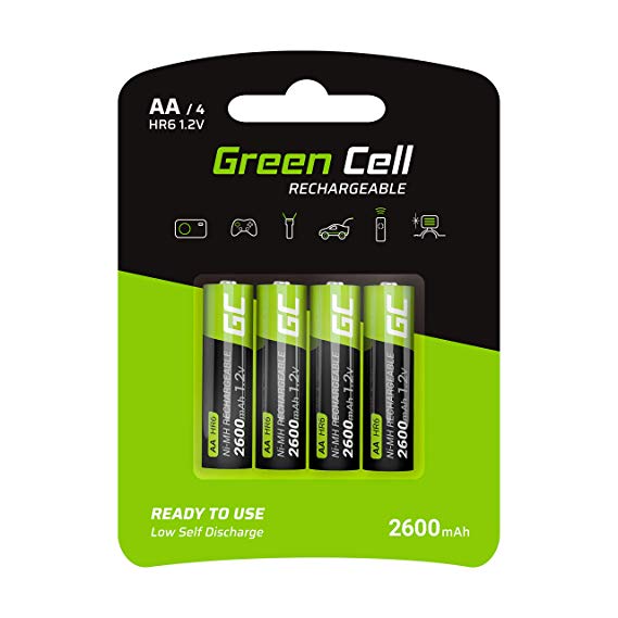 Green Cell 2600mAh 1.2V Type AA Pre-Charged Rechargeable Batteries, Pack of 4, Double A Ni-MH Batteries, High Capacity, Ready to Use, Low Self Discharge, Mignon Battery, Classic AA