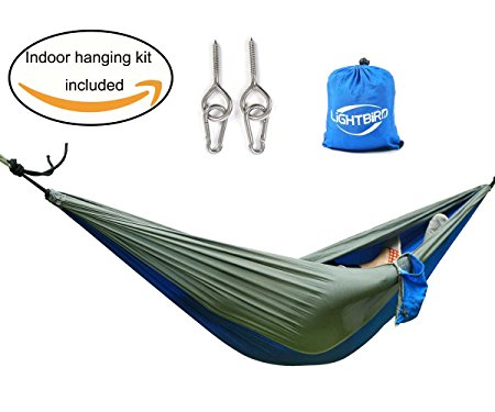 Lightbird Indoor/Outdoor Hammock with Indoor Hammock Hanging Kit,Best Nylon,Single (Blue/Gray)