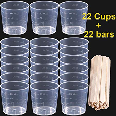 Y-Axis 22 Pack 60ml Plastic Graduated Cups Transparent Scale Cups with 22 Pack Wooden Stirring Sticks for Mixing Paint, Stain, Epoxy, Resin