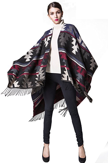 Dantiya Womens Winter Knitted Fringed Cashmere Fleece Poncho Shawl Wrap Cardigans